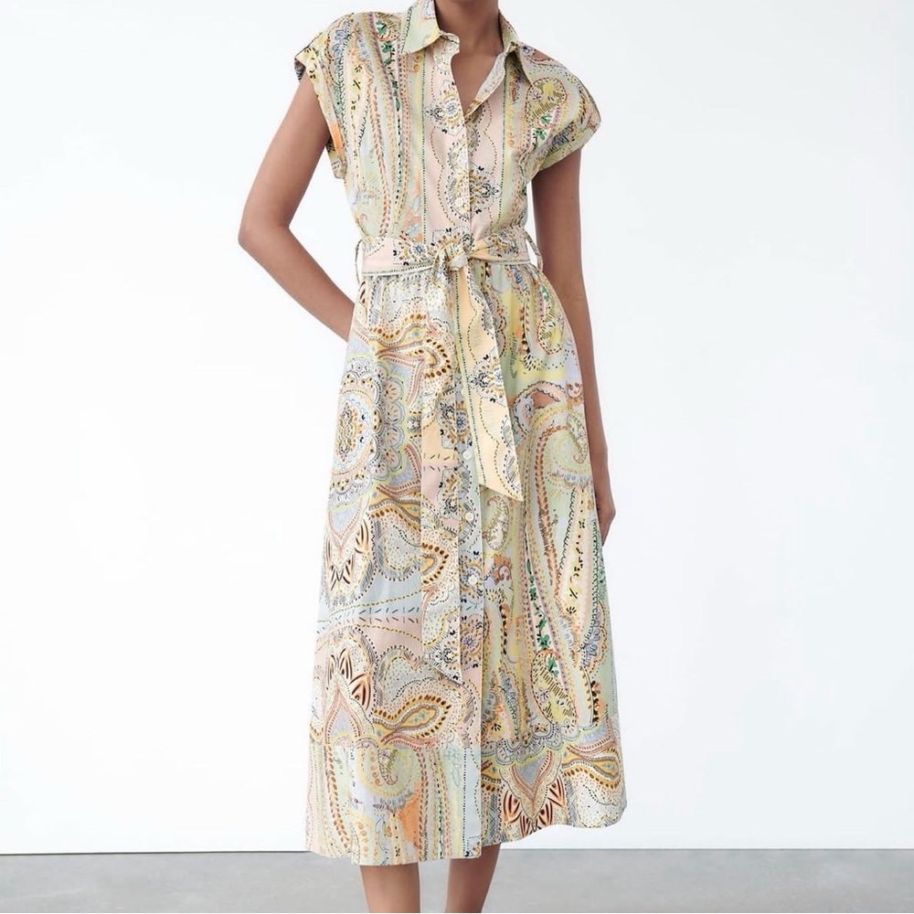 Zara Multicolored Paisley Print Shirt Midi Dress